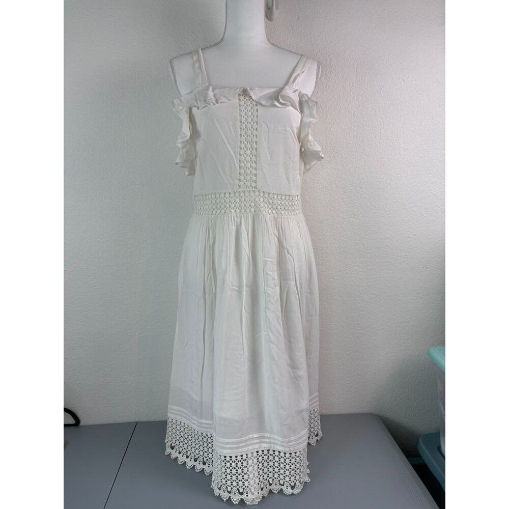 LOFT women's medium ivory crochet lace knee length fit and flare ruffle dress